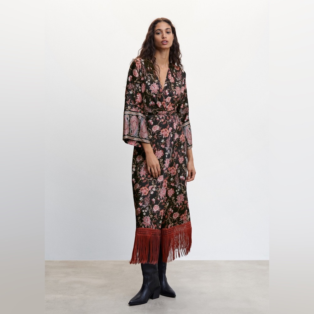 Mango Black Floral Long Sleeve Midi Dress with Rust Fringe